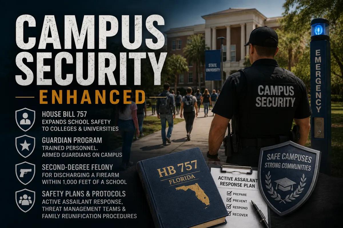 Campus security officer standing on a college campus beside an emergency call station, with bold text reading ‘Campus Security Enhanced’ and references to Florida House Bill 757, armed guardians, active assailant response plans, and expanded school safety measures at colleges and universities.