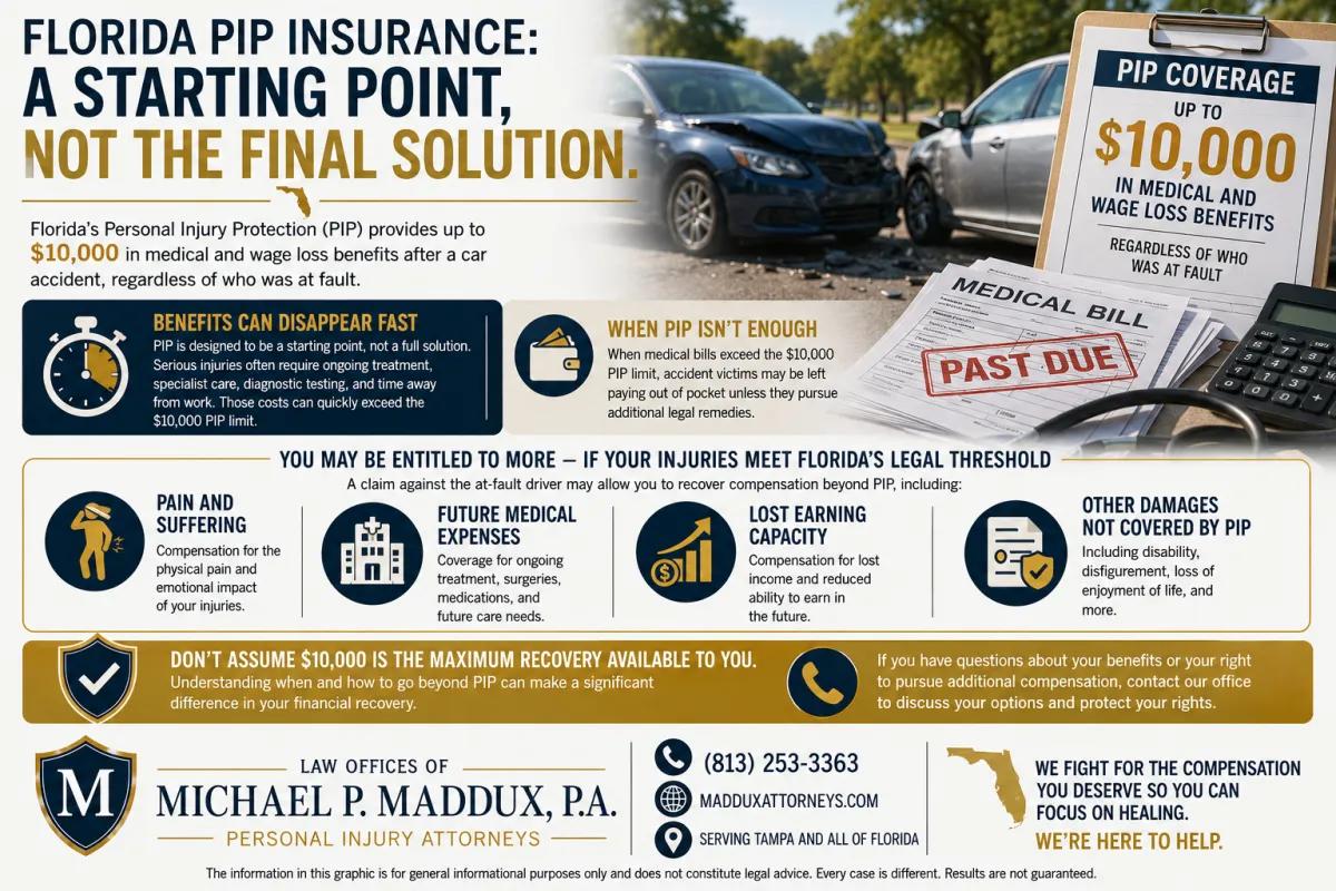 Landscape legal infographic explaining Florida Personal Injury Protection insurance limits, featuring crashed vehicles, overdue medical bills, and a PIP coverage form showing the $10,000 benefit cap, with sections discussing pain and suffering, future medical expenses, lost earning capacity, and additional compensation beyond PIP after serious car accident injuries.