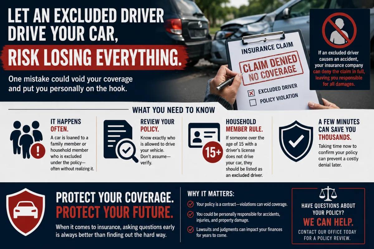 Auto insurance infographic titled "Let an excluded driver drive your car, risk losing everything" that explains how excluded driver policy violations can result in denied claims, why household members over 15 should be properly listed, and how reviewing your policy can prevent costly coverage denials.