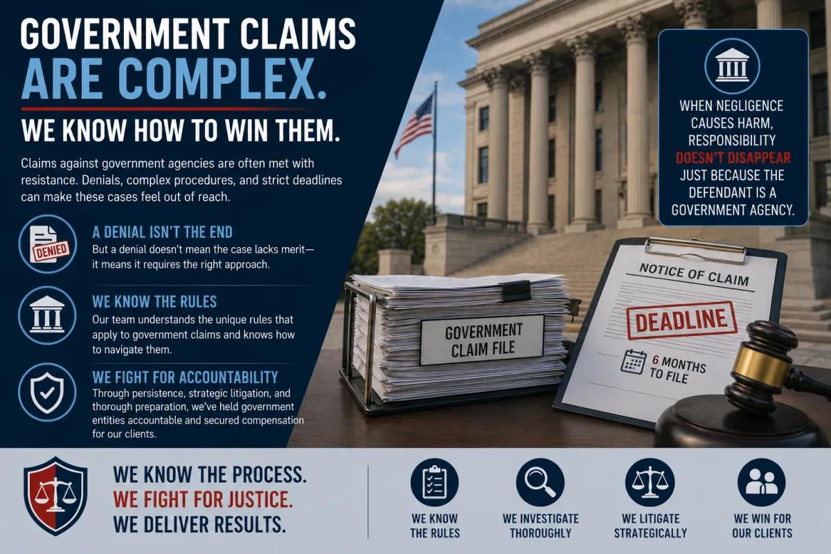 Government claims infographic explaining the rules, deadlines, and legal strategies for pursuing claims against government agencies.