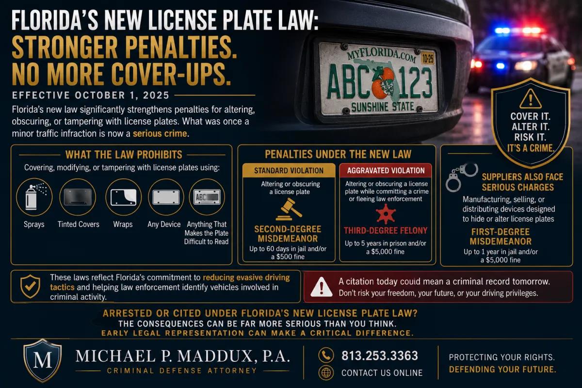 Legal infographic about Florida’s new license plate law increasing penalties for obscured or altered license plates, featuring a Florida license plate, police lights, and sections explaining misdemeanor and felony charges for tampering, cover-ups, and evasive driving tactics.