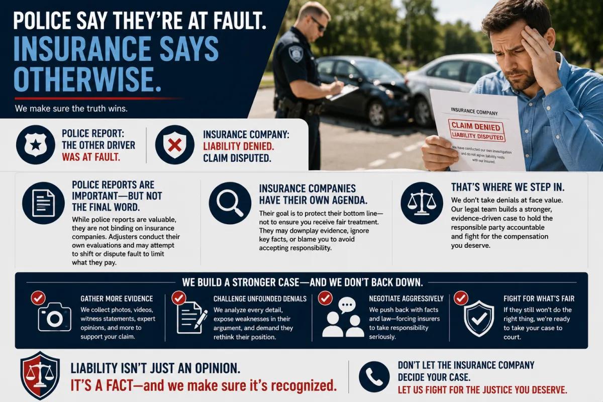 Disputed liability infographic explaining how attorneys challenge insurance denials when police reports and insurer findings conflict.