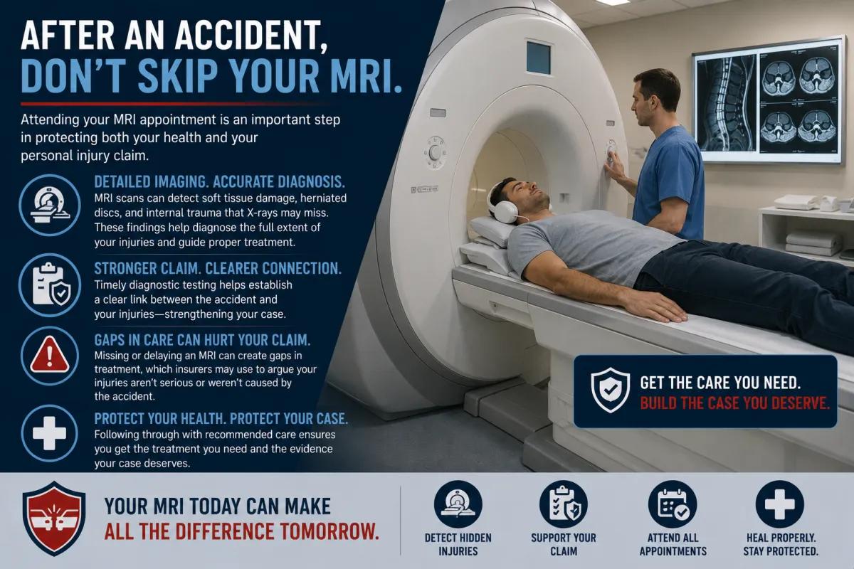 Post accident MRI infographic explaining how diagnostic imaging protects your health and strengthens your personal injury claim.