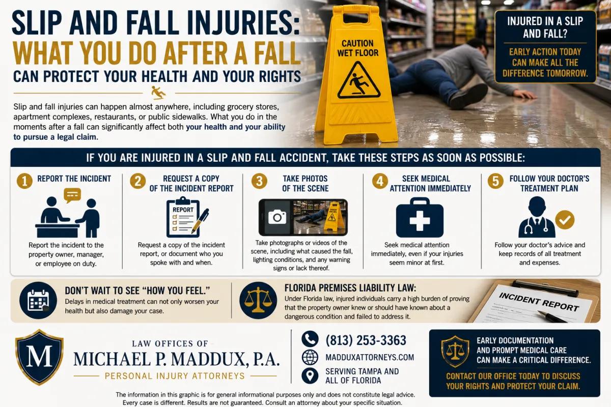 Landscape legal infographic about slip and fall accidents in Florida, featuring a grocery store wet floor hazard, an injured person on the ground, and step-by-step guidance on reporting the incident, documenting evidence, seeking medical treatment, and protecting a premises liability claim after a fall injury.