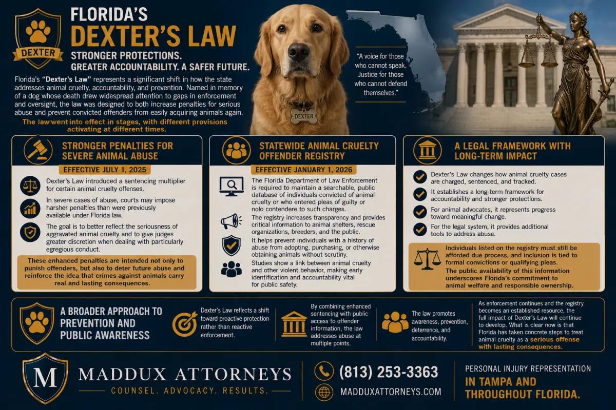 Landscape legal infographic explaining Florida’s Dexter’s Law, featuring a golden retriever named Dexter, courthouse imagery, and sections detailing stronger animal cruelty penalties, Florida’s statewide animal cruelty offender registry, public accountability measures, and enhanced protections for animal welfare.