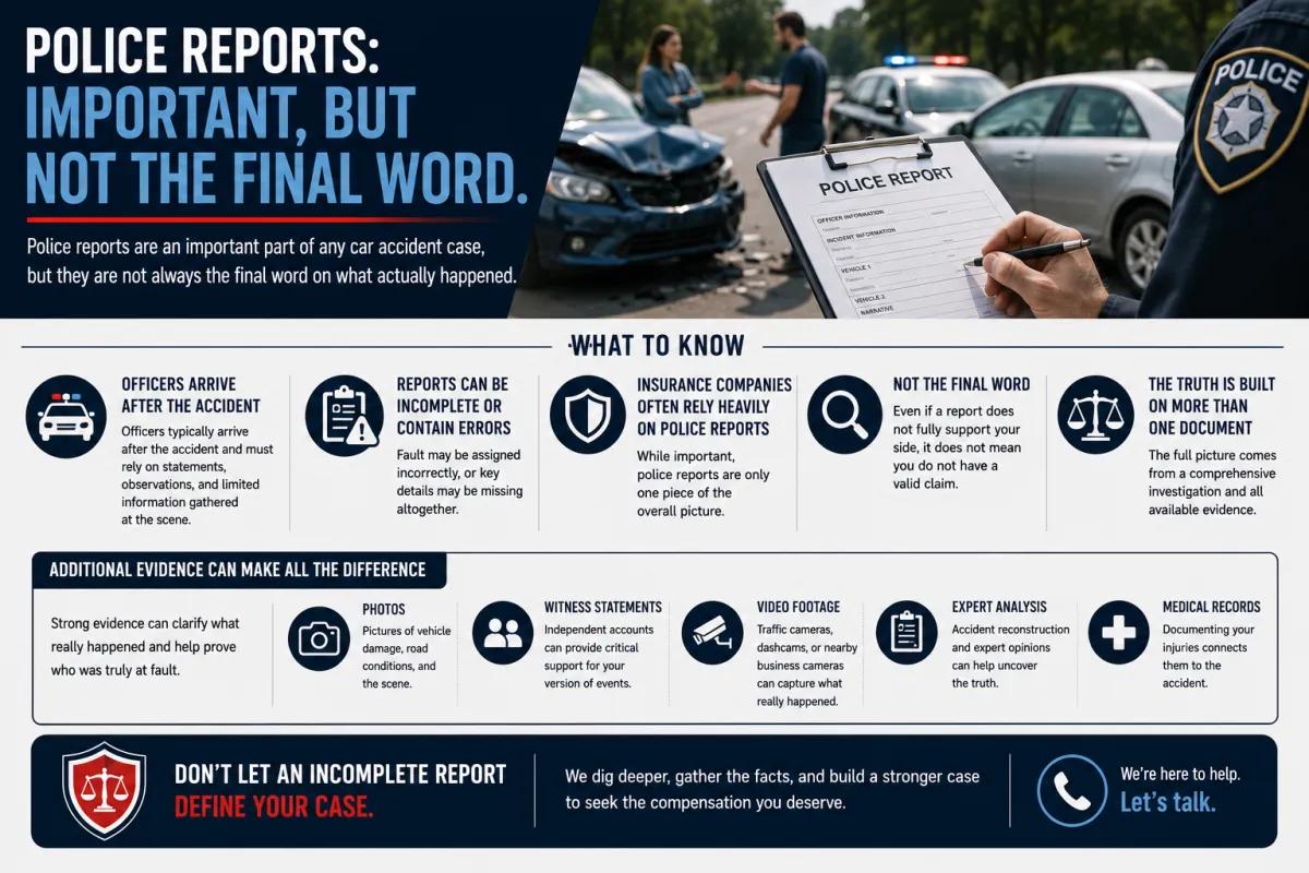 Police report infographic explaining how additional evidence, witness statements, and expert analysis can strengthen your car accident claim.
