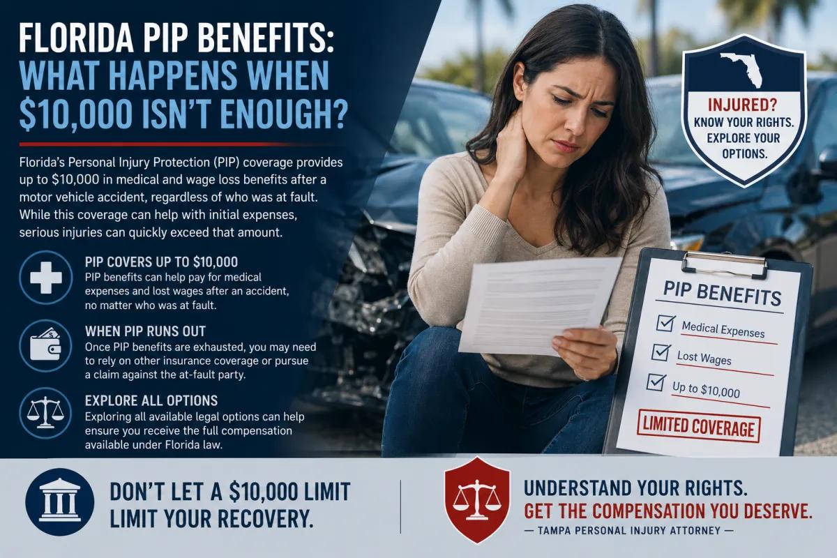 Florida PIP benefits infographic explaining the $10,000 coverage limit, medical expenses, lost wages, and legal options after an accident.