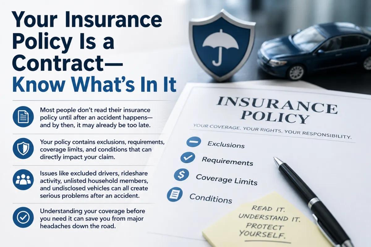 Professional insurance policy infographic with a car, umbrella protection shield, and insurance documents explaining coverage limits, exclusions, requirements, and policy conditions after an accident. Blog cover image about understanding your auto insurance policy, excluded drivers, rideshare coverage issues, unlisted household members, and undisclosed vehicles before filing a claim.