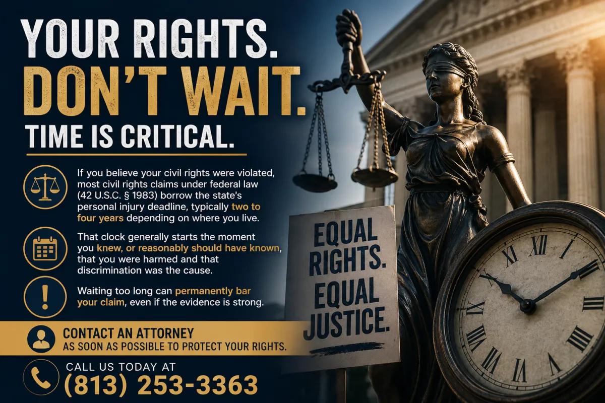 Lady Justice stands before a courthouse beside a large clock, symbolizing legal deadlines for civil rights claims. The image emphasizes the importance of acting quickly when civil rights have been violated and seeking legal representation before the statute of limitations expires.