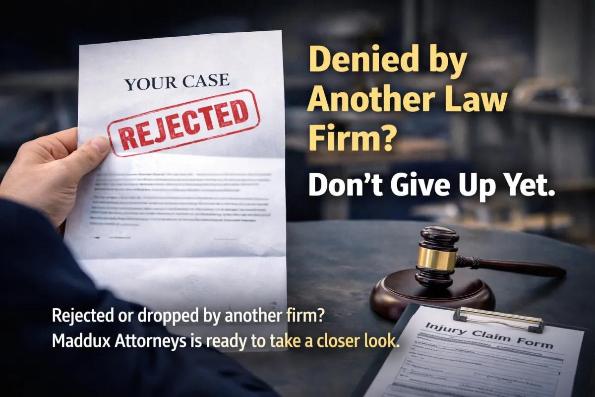 Maddux Attorneys advertisement showing a rejected case document and a judge's gavel encouraging accident victims denied by another law firm to seek a second opinion