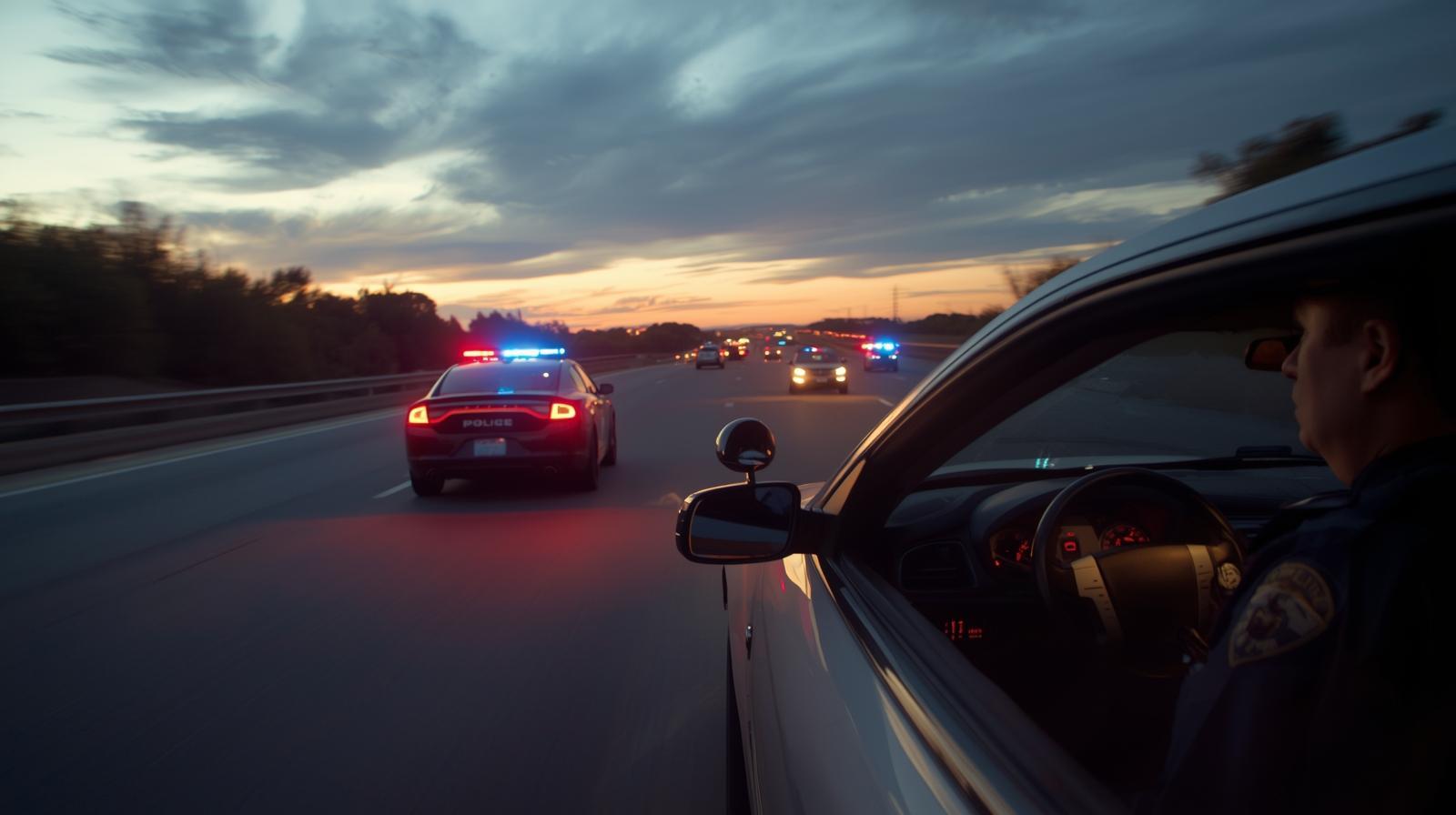 Police officer driving on a Florida highway at dusk with multiple patrol cars ahead displaying flashing red and blue lights