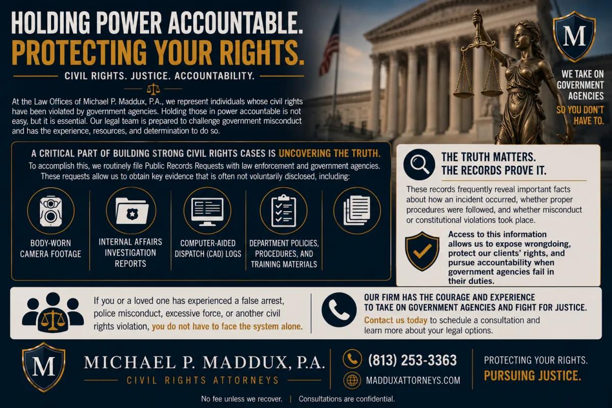 Landscape civil rights legal infographic featuring a courthouse, Lady Justice statue, and public records request themes, explaining how attorneys use body camera footage, Internal Affairs reports, CAD logs, and police policies to investigate false arrests, excessive force, and government misconduct.