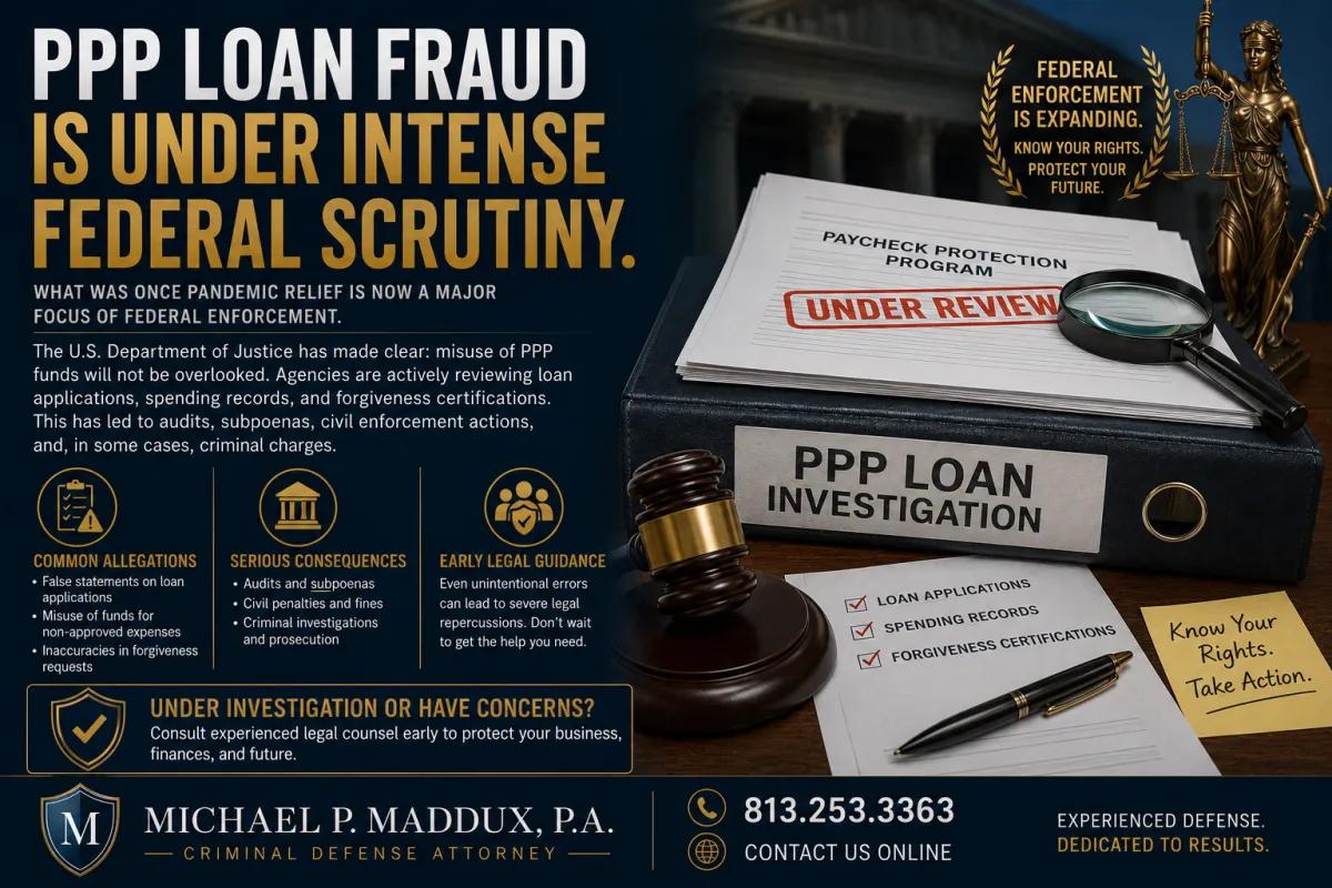 Legal infographic warning about increased federal scrutiny of PPP loan fraud investigations, featuring documents marked ‘Under Review,’ a judge’s gavel, Lady Justice statue, and messaging about audits, subpoenas, criminal charges, and protecting your rights during federal enforcement actions.