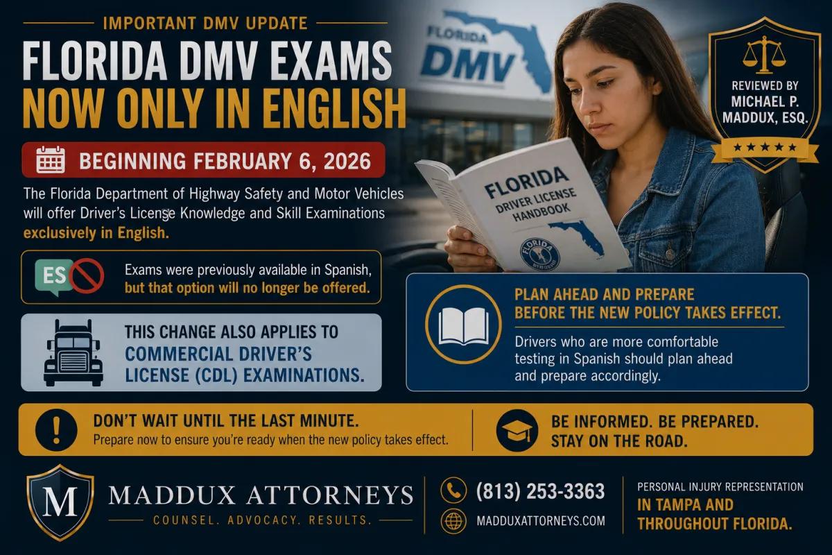 Landscape informational graphic announcing that Florida DMV driver’s license and CDL exams will be offered only in English beginning February 6, 2026, featuring a Florida DMV handbook, a student preparing for testing, and notices about the end of Spanish-language exam options