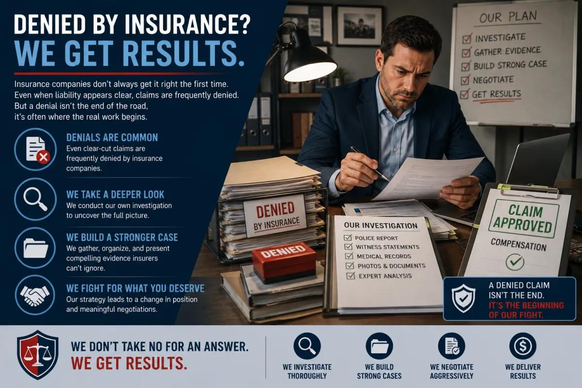 Denied insurance claim infographic explaining how attorneys investigate, build stronger cases, and overturn denials to secure compensation.