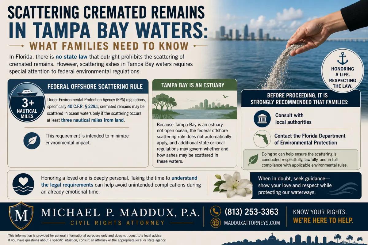 Landscape informational infographic about scattering cremated remains in Tampa Bay waters, featuring a family scattering ashes over the water, Tampa skyline imagery, and sections explaining EPA offshore scattering rules, Florida environmental regulations, estuary restrictions, and guidance for families honoring loved ones lawfully and respectfully.”