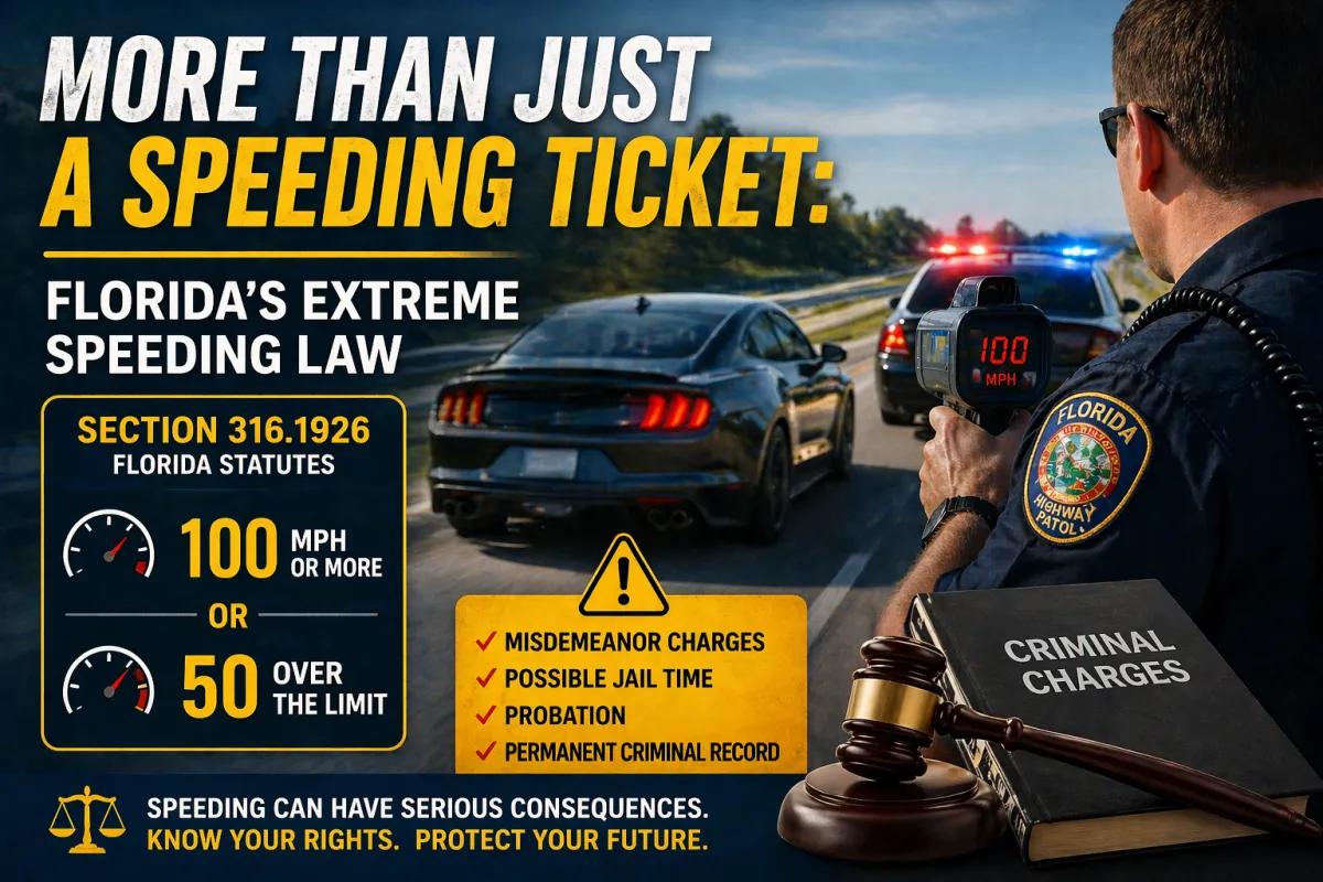 Infographic from Michael P. Maddux P.A. explaining Florida's extreme speeding law under Section 316.1926 Florida Statutes showing that drivers caught traveling 100 mph or more or 50 mph over the posted speed limit may face misdemeanor charges possible jail time probation and a permanent criminal record with a Florida Highway Patrol officer holding a radar gun reading 100 mph and a gavel resting on a book labeled Criminal Charges