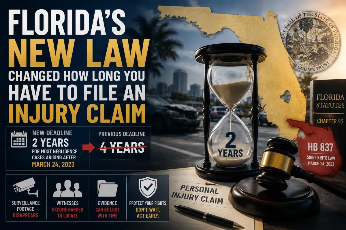Legal infographic about Florida’s new personal injury filing deadline law, featuring an hourglass marked ‘2 Years,’ a Florida map, gavel, statute book, and bold text explaining the reduction of negligence claim deadlines from four years to two years after March 24, 2023.
