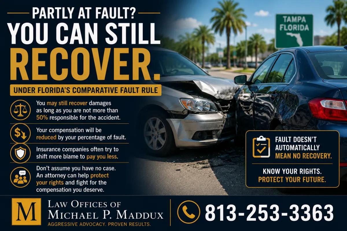 Florida comparative fault rule infographic explaining how partially at fault drivers can still recover damages after a car accident.