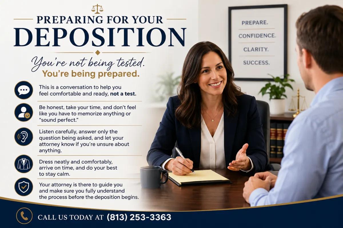 Professional law firm infographic about preparing for a deposition, featuring an attorney meeting with a client in a calm office setting. The image includes tips for deposition preparation such as being honest, listening carefully, dressing professionally, and staying calm, along with the law firm contact number (813) 253-3363.