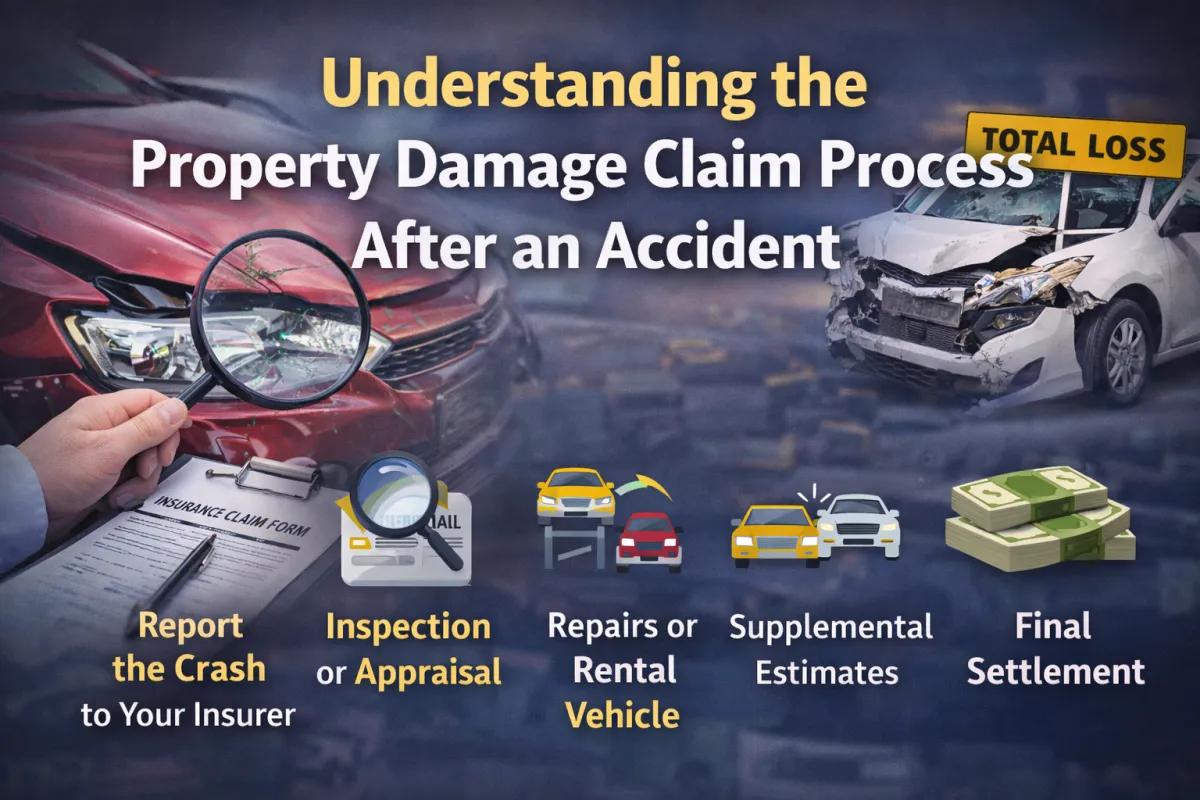 Infographic explaining the property damage claim process after a car accident, showing five steps: reporting the crash, inspection or appraisal, repairs or rental vehicle, supplemental estimates, and final settlement