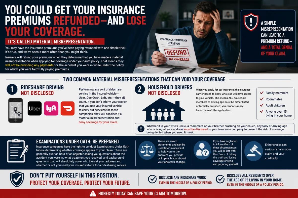 Material misrepresentation insurance infographic explaining how undisclosed rideshare driving and household drivers can void your auto coverage.