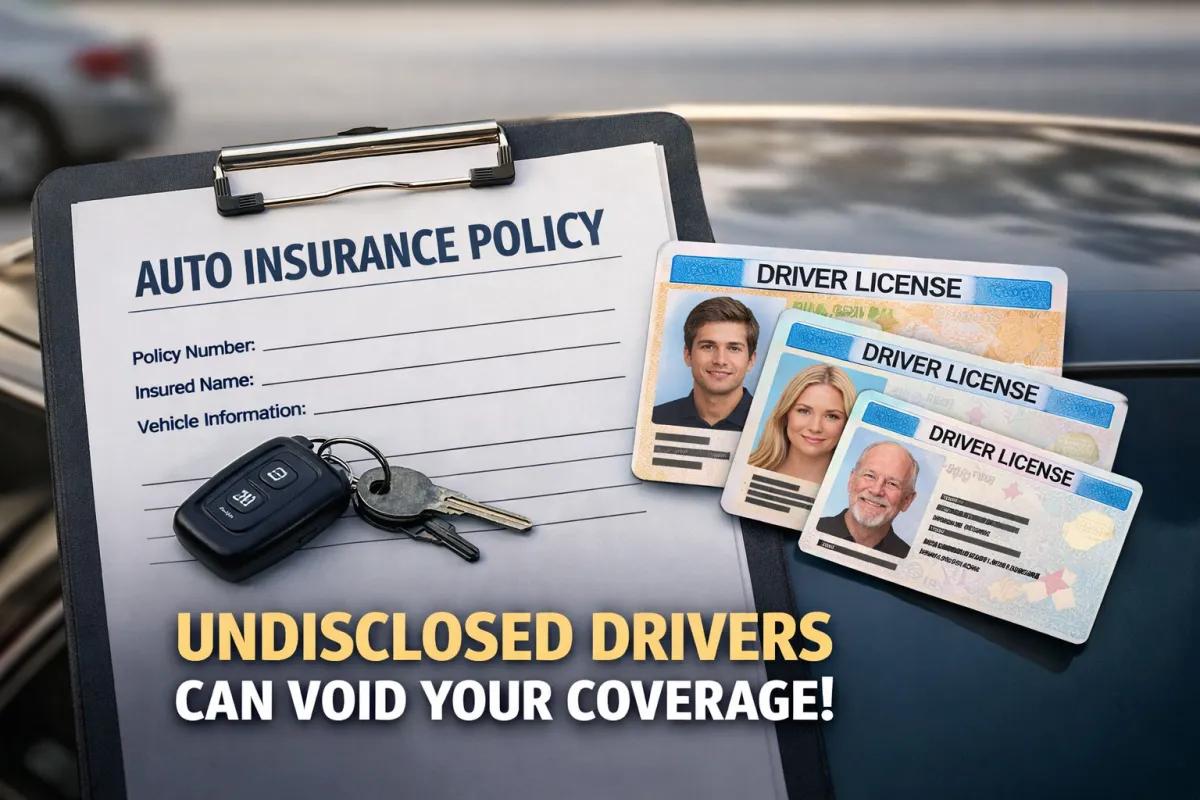 Auto insurance policy document with car keys and three driver's licenses warning that undisclosed drivers can void your coverage
