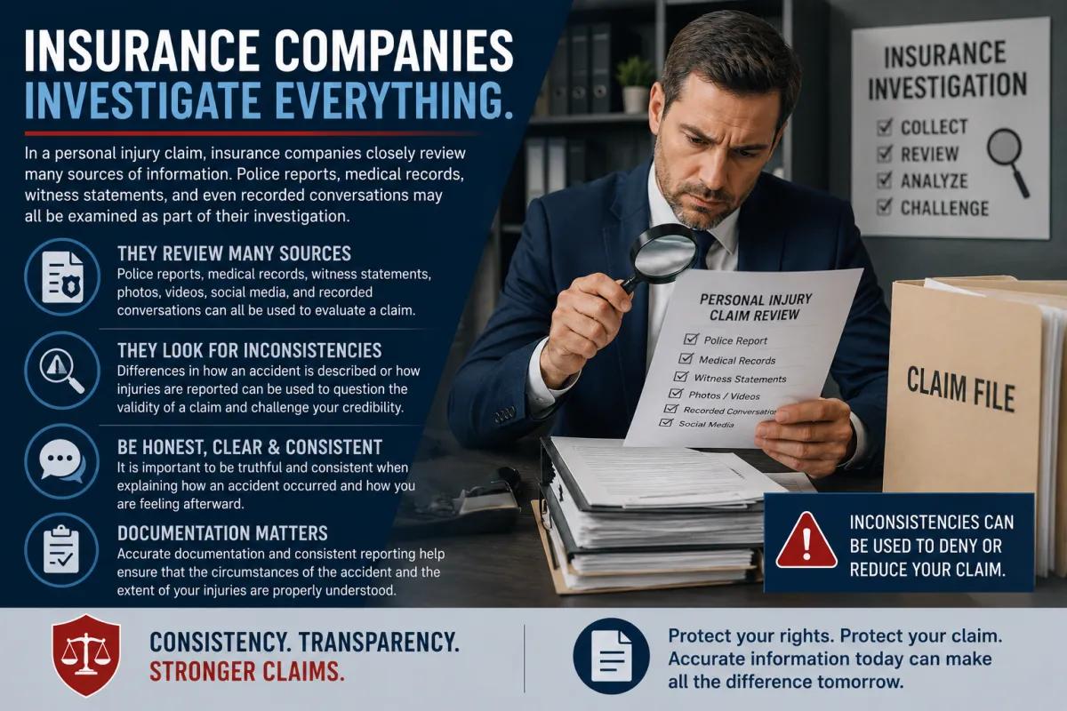Personal injury claim investigation infographic explaining how insurance companies review records, look for inconsistencies, and evaluate claims.