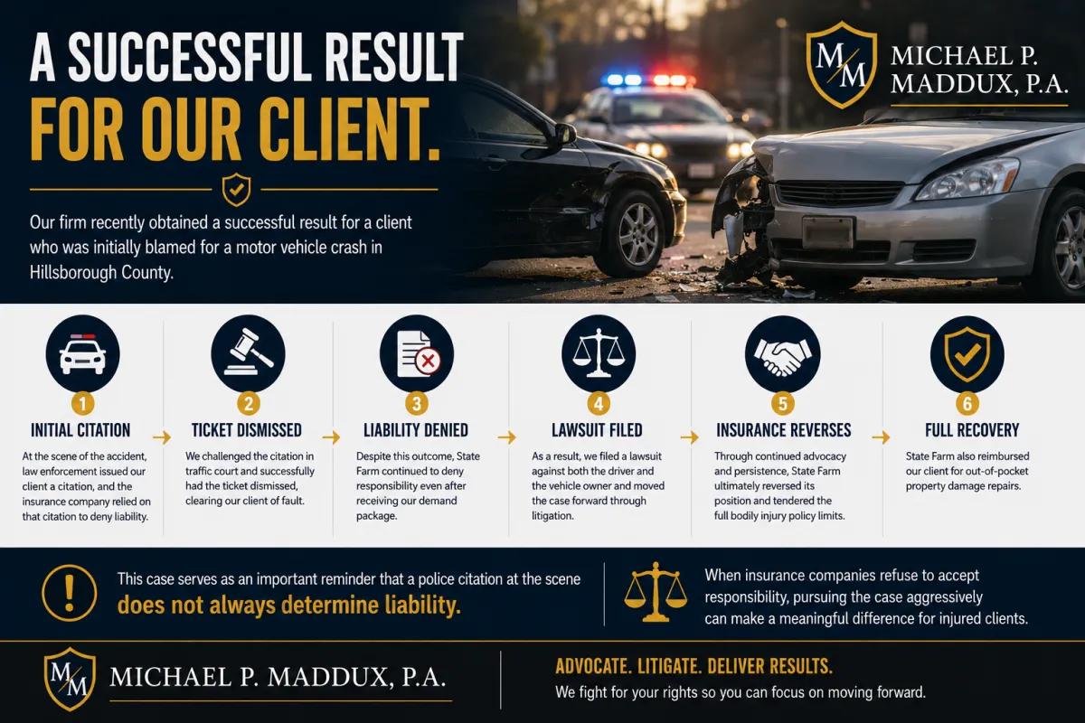 Hillsborough County car accident case infographic explaining how a wrongful citation was overturned and the client recovered full policy limits.