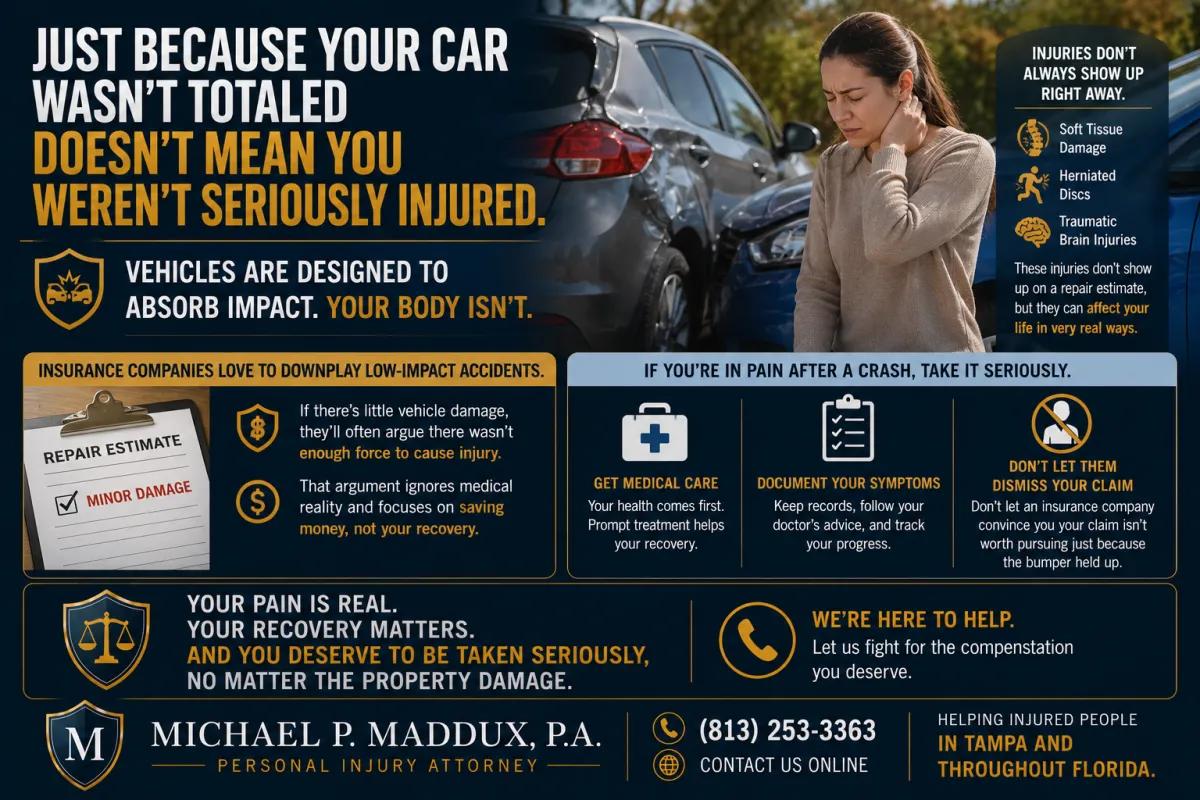 Landscape personal injury infographic explaining that serious injuries can occur even when a car is not totaled, featuring damaged vehicles, an injured driver holding her neck, and sections discussing soft tissue injuries, herniated discs, traumatic brain injuries, and insurance companies minimizing low-impact accident claims