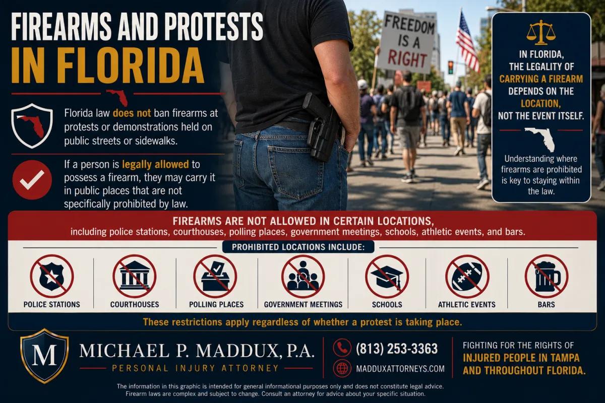 Landscape legal infographic explaining Florida firearm laws at protests and demonstrations, featuring an armed individual at a public protest, Florida state imagery, and icons identifying prohibited locations such as courthouses, schools, polling places, police stations, government meetings, athletic events, and bars.