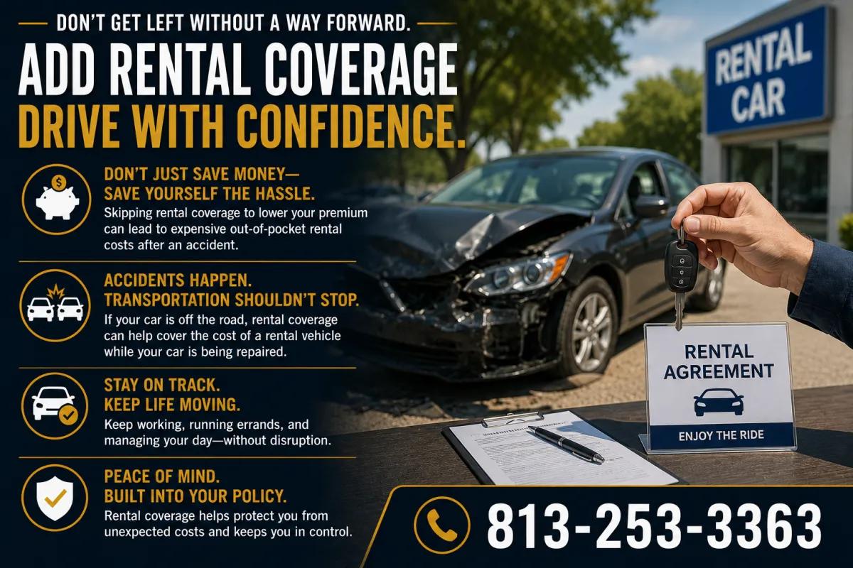 Rental car coverage infographic explaining how adding rental reimbursement to your auto policy protects you after an accident.
