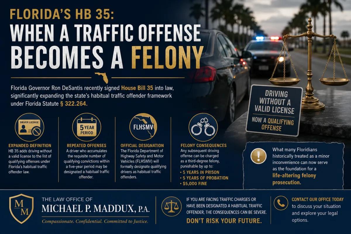 Florida HB 35 legal infographic explaining how driving without a valid license can now contribute to habitual traffic offender status under Florida law. The graphic features a traffic stop with police lights, scales of justice, and information about felony penalties including up to five years in prison, probation, and fines. Created by the Law Office of Michael P. Maddux, P.A.
