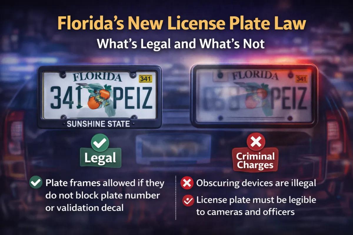 Infographic explaining Florida's new license plate law showing a legal plate with an allowed frame versus an illegally obscured plate that can result in criminal charges