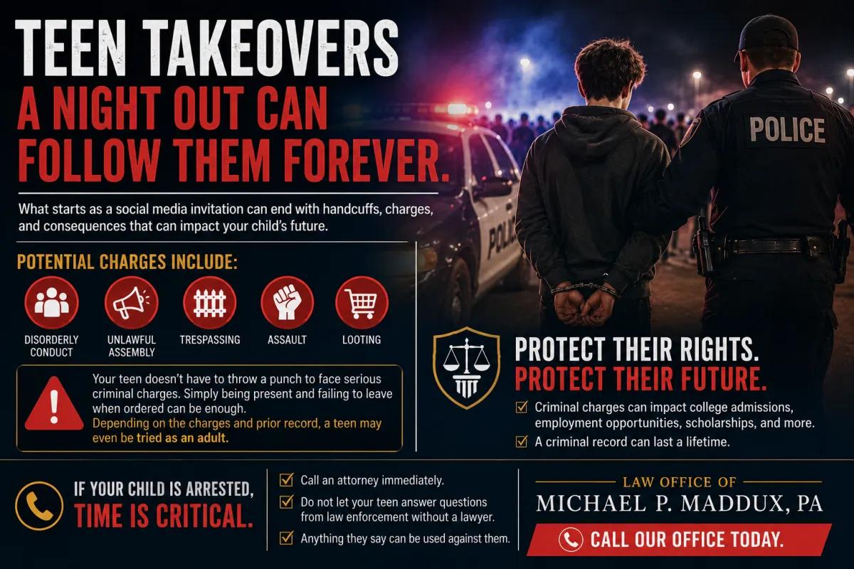 Teen takeover arrest scene with police lights and a large crowd, illustrating the legal consequences minors can face after social media-organized gatherings, including criminal charges that may impact their future.