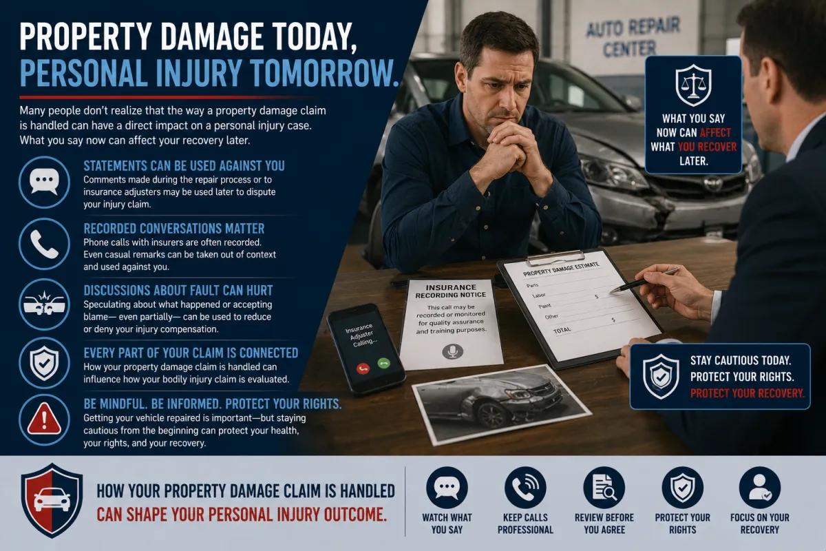 Property damage and personal injury claim infographic explaining how statements made during repairs can affect your injury compensation.