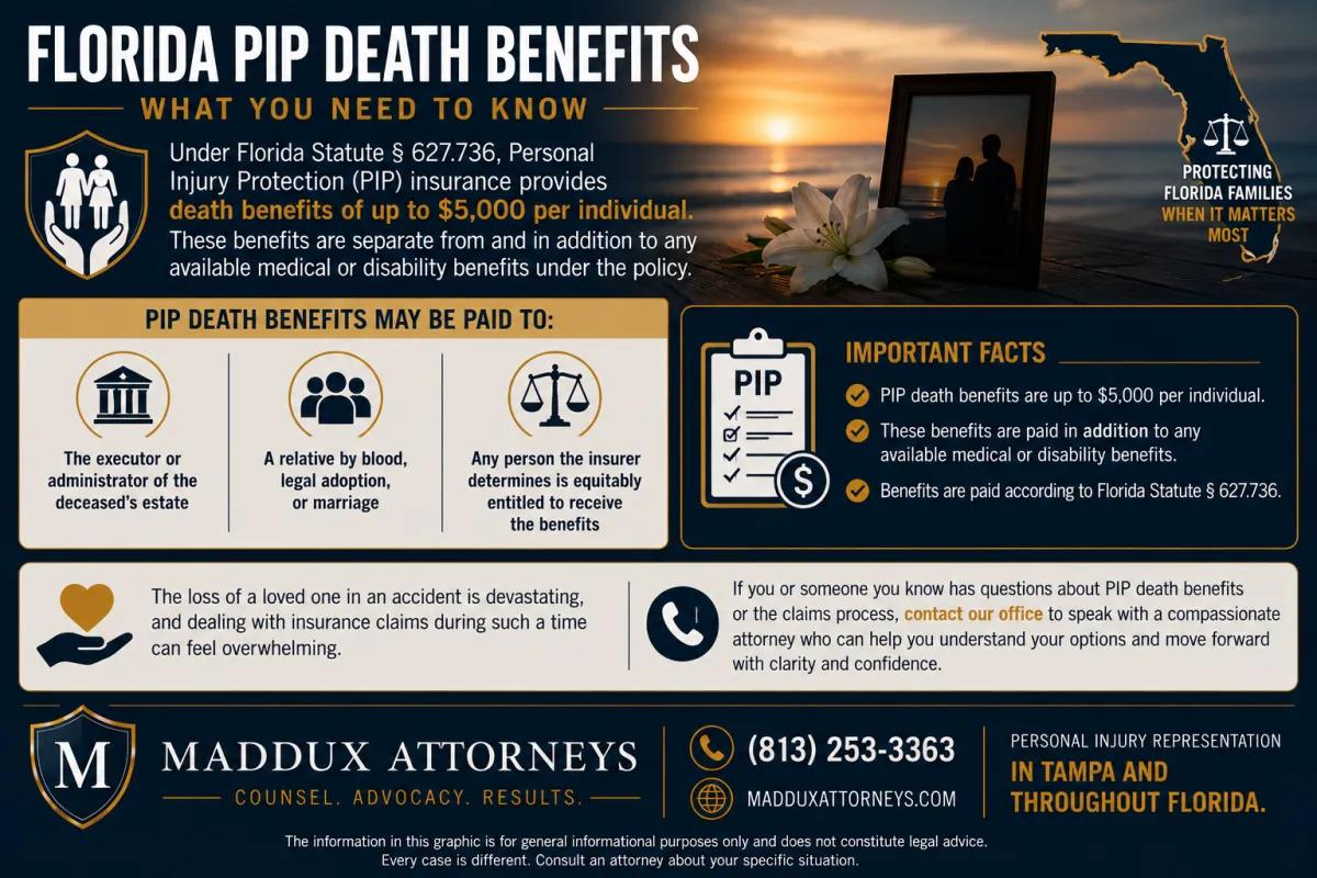 “Landscape legal infographic explaining Florida PIP death benefits under Florida Statute 627.736, featuring memorial imagery, a Florida outline, and sections detailing eligibility for up to $5,000 in death benefits, who may receive compensation, and guidance for families navigating insurance claims after a fatal accident.