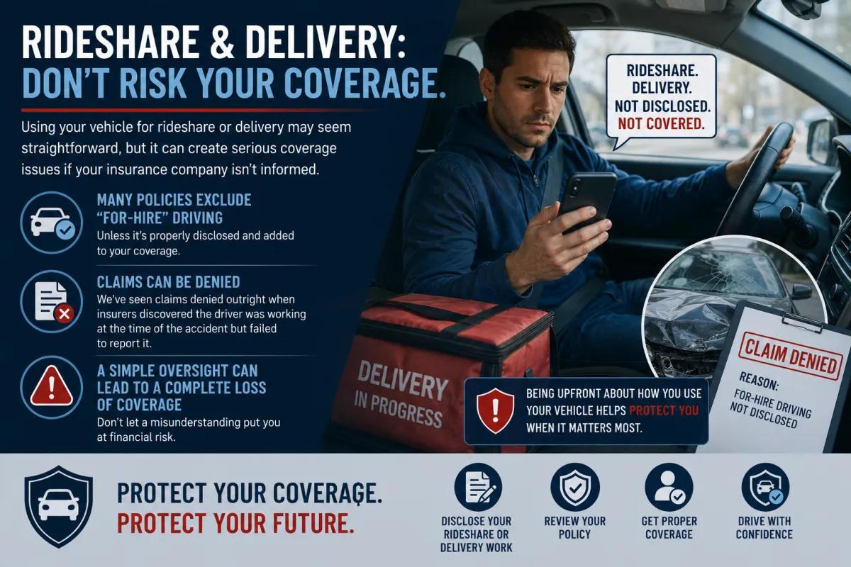 Rideshare and delivery driver insurance infographic explaining how undisclosed for hire driving can lead to denied claims and lost coverage.