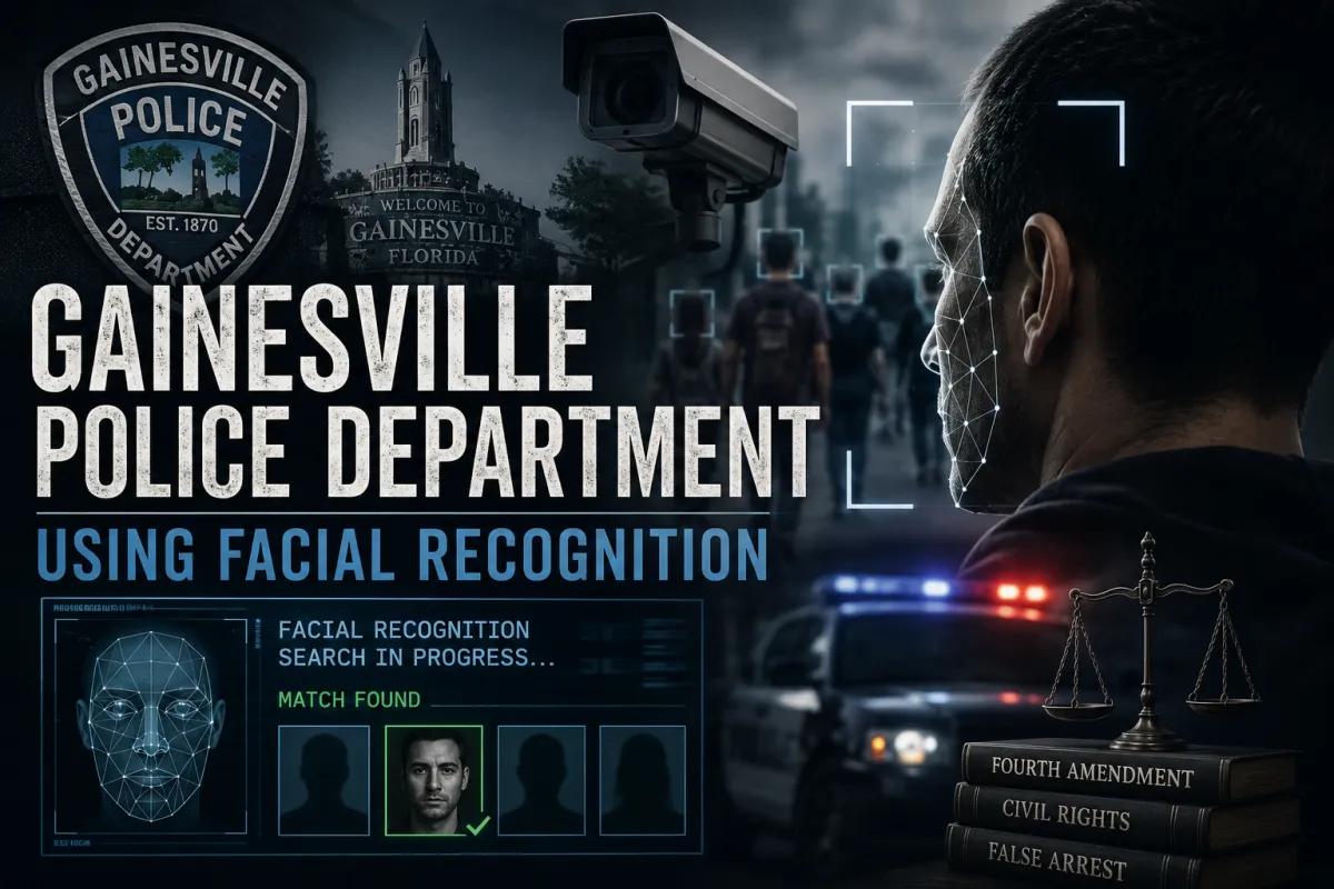 Editorial-style graphic illustrating Gainesville Police Department’s use of facial recognition technology, featuring a police badge, surveillance camera, digital face scan overlay, police lights, and legal imagery related to civil rights, false arrest, and Fourth Amendment concerns.