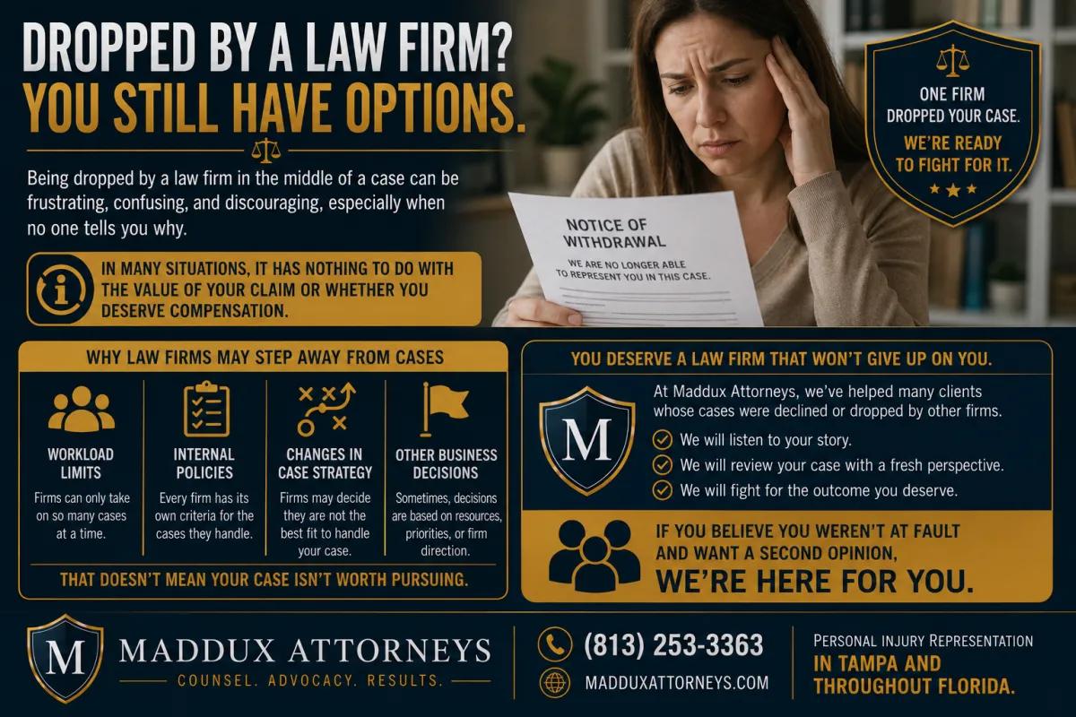 Landscape legal infographic for clients dropped by another law firm, featuring a frustrated woman reviewing a withdrawal notice, bold messaging about getting a second opinion, and sections explaining why firms may withdraw from cases while encouraging injured clients to continue pursuing compensation.