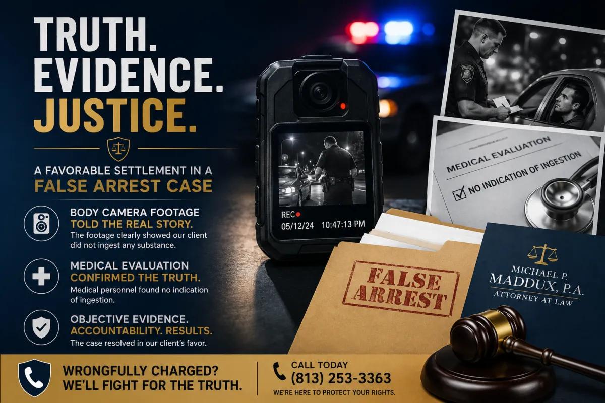 False arrest case infographic explaining how body camera footage and medical evidence led to a favorable settlement for a wrongfully charged client.