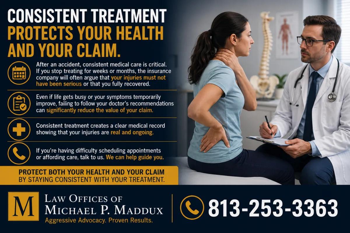 Personal injury infographic explaining how consistent medical treatment protects your health and the value of your accident claim.