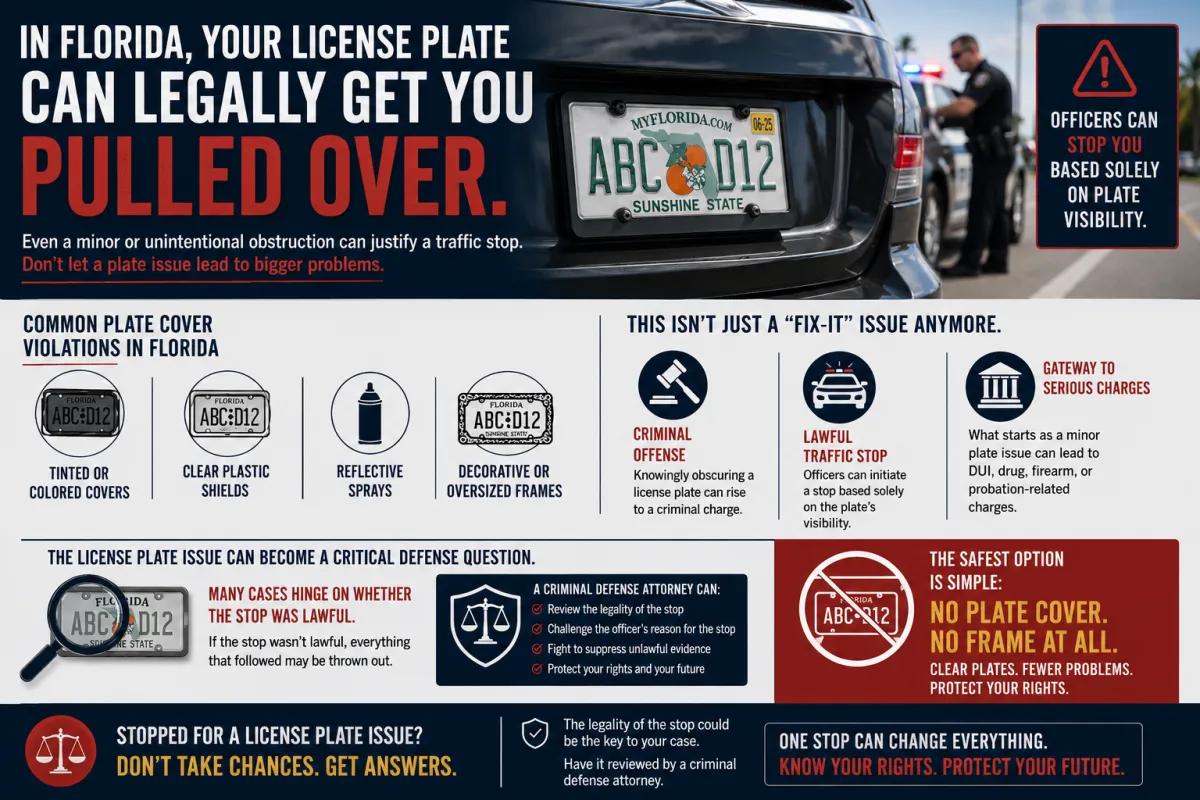 Florida license plate law infographic explaining how plate cover violations can lead to a lawful traffic stop and criminal charges.