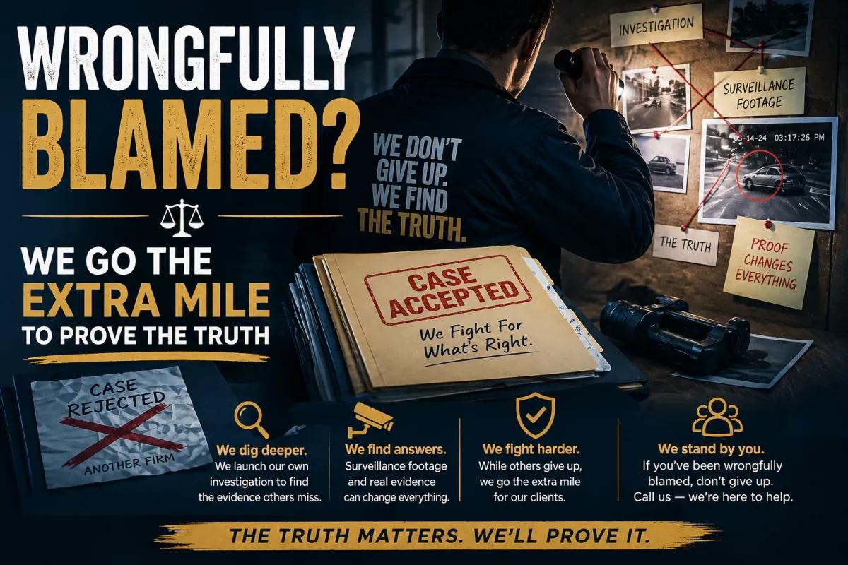 Legal investigation scene showing attorney reviewing surveillance footage and evidence board, highlighting wrongful blame defense and commitment to proving truth in personal injury cases.