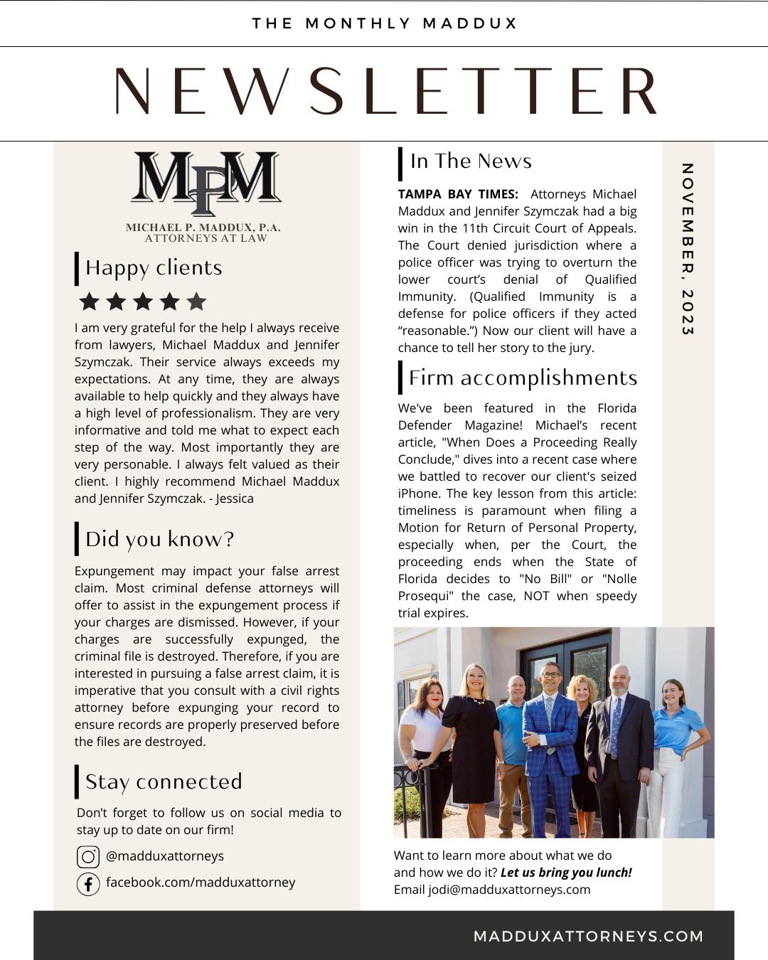 Monthly Maddux Newsletter featuring firm news, legal updates, client reviews, and community highlights from Michael P. Maddux, P.A.