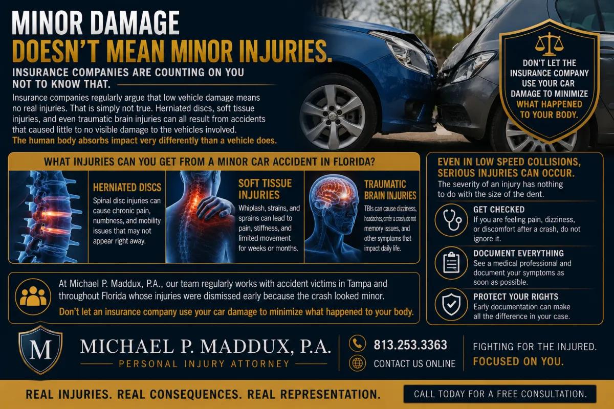 Personal injury legal infographic explaining that serious injuries can occur even in low-impact car accidents, featuring two vehicles with minor damage, medical illustrations of herniated discs and traumatic brain injuries, and guidance about documenting symptoms and protecting injury claims in Florida.