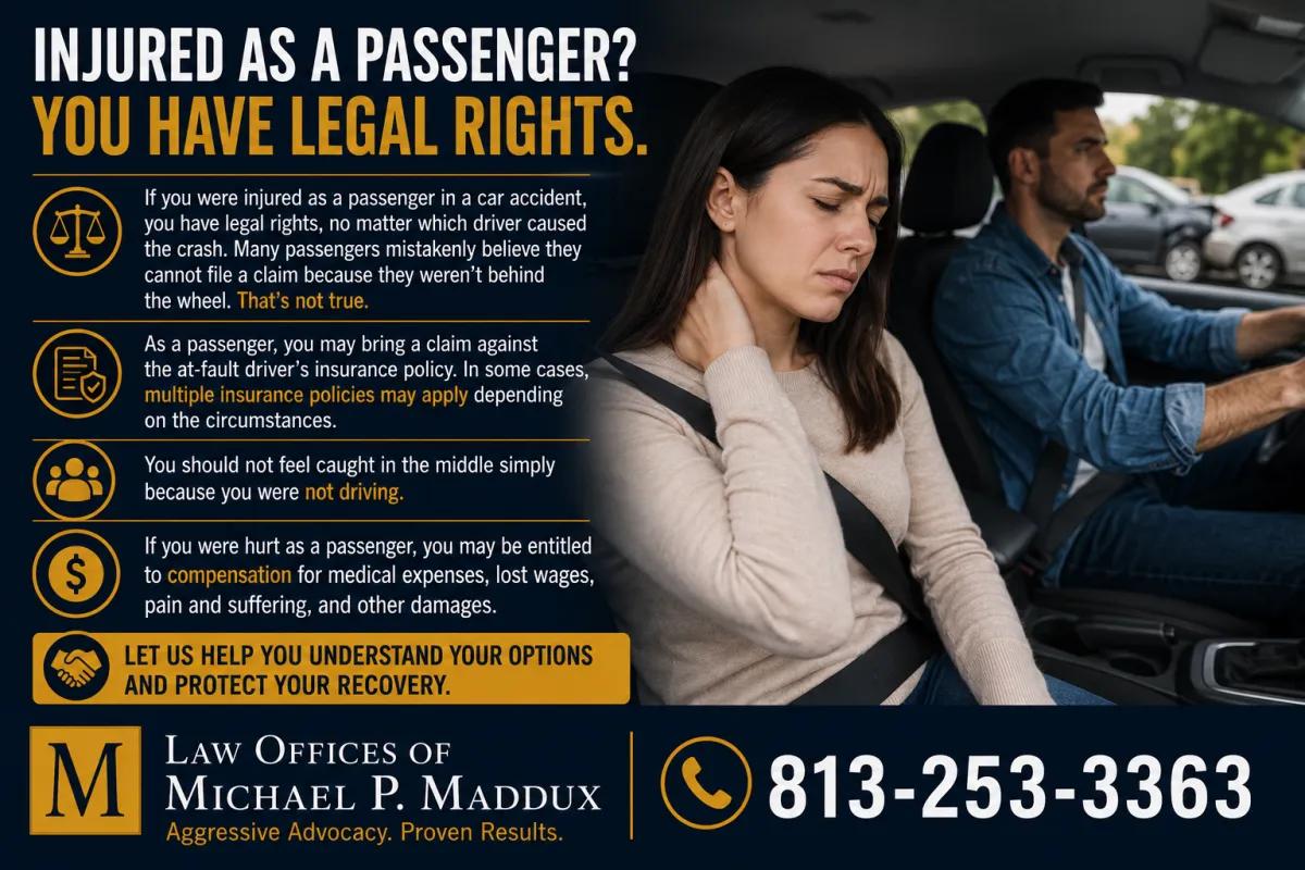 Passenger injury claim infographic explaining your legal rights and compensation options after a car accident in Florida.