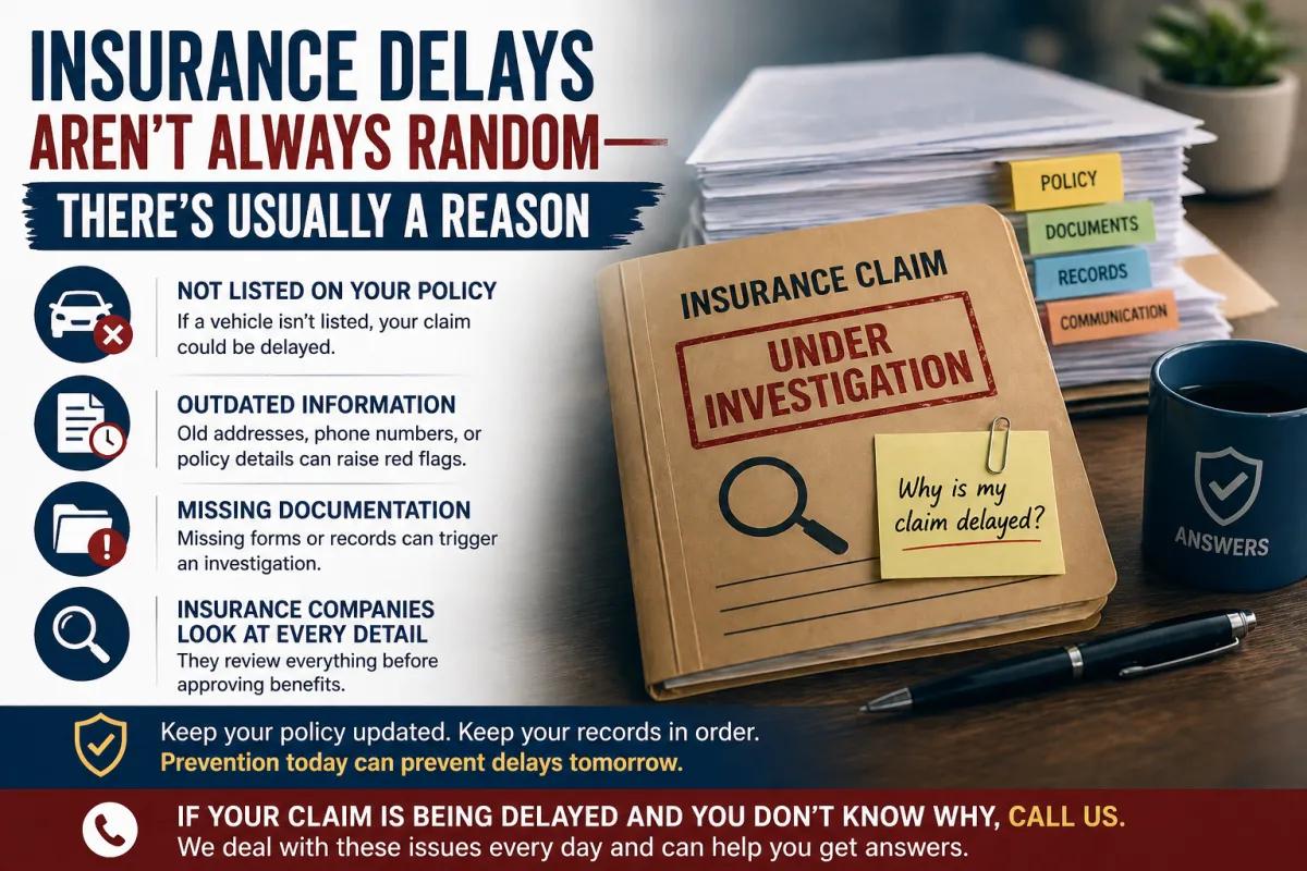 Insurance claim delay infographic highlighting reasons claims are under investigation, including missing documentation, outdated policy information, and unlisted vehicles, with guidance for resolving delayed insurance benefits.