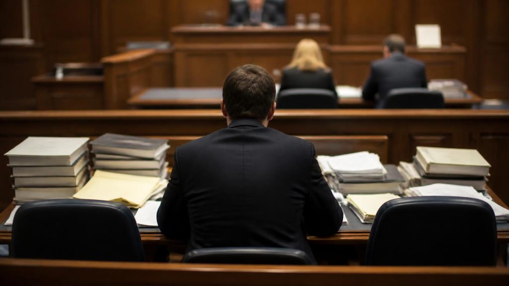 Defendant choosing self-representation sits alone at the defense table with empty attorney chairs beside him