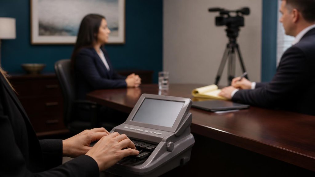 Deposition preparation: a professionally dressed witness testifies as a court reporter and video camera record